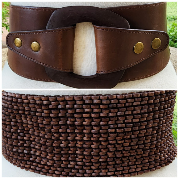 Belgo Lux Extra Wide Leather & Wooden Beaded Stretch Belt S - Picture 1 of 5